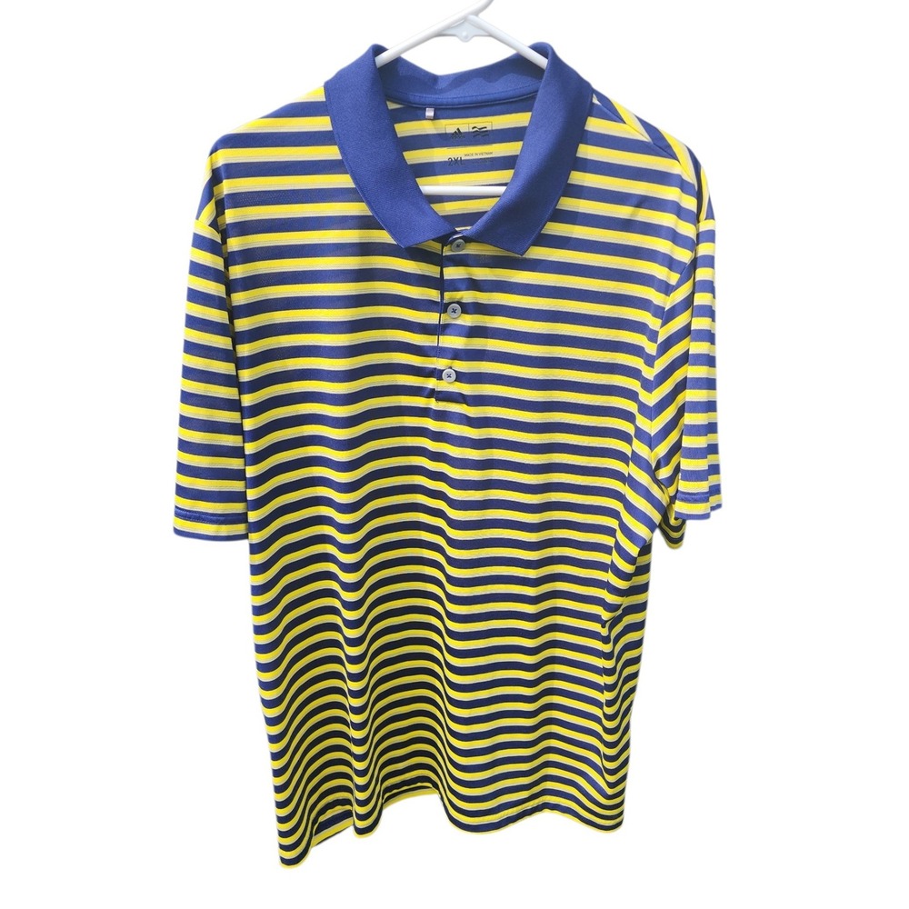 Adidas Golf Polo Shirt Mens 2XL Navy Blue Yellow Striped Performance Short Sleev